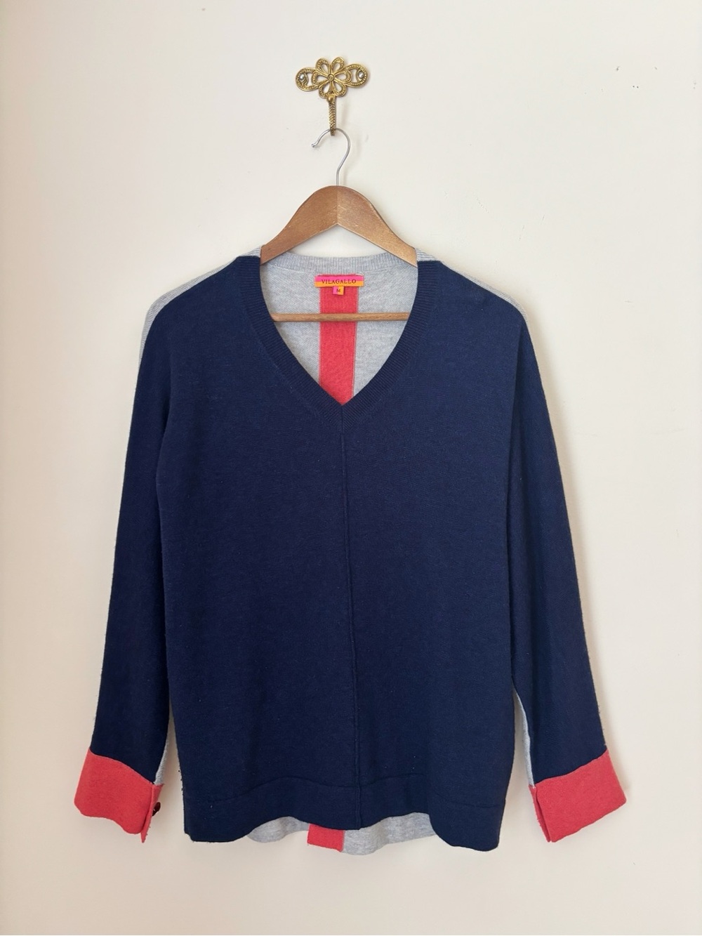 Vilagallo Wool Cashmere Blend Colorblock V Neck Sweater Medium Art To Wear